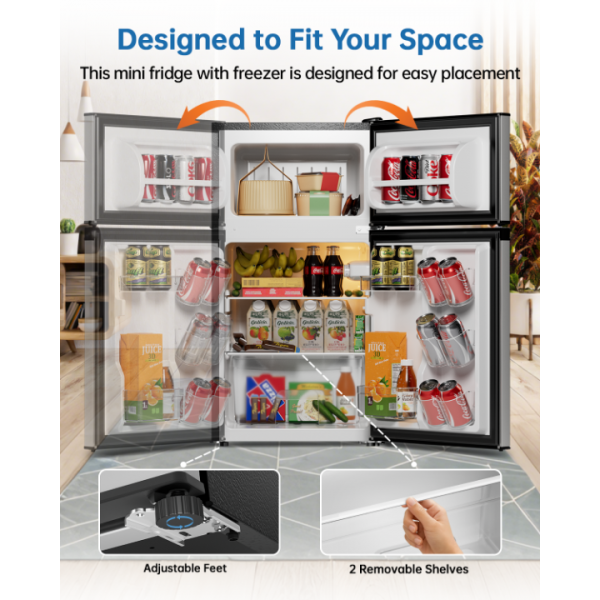 Frostorm 3.2 Cu Ft Mini Fridge with Freezer - Energy Efficient, Double Door Upright Freezer for Bedroom, Office & Dorm | Small Fridge, Glass Shelves,Interior Light,ETL Certified,etc(Silver)