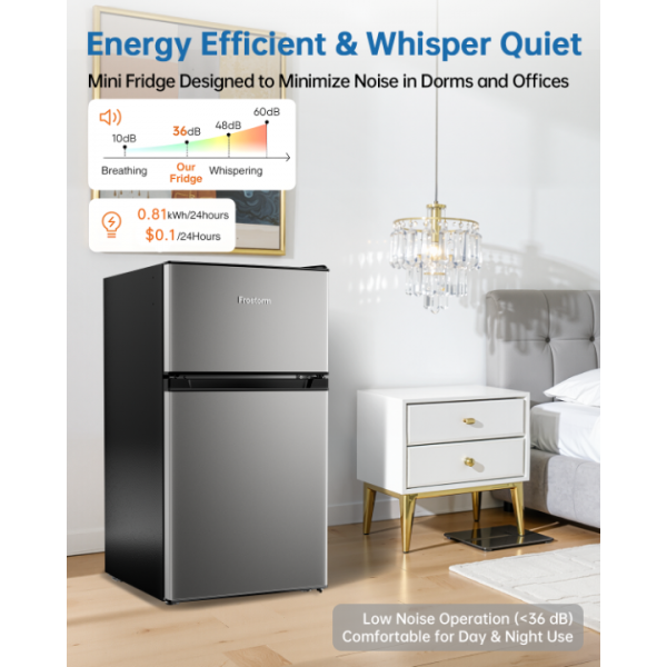 Frostorm 3.2 Cu Ft Mini Fridge with Freezer - Energy Efficient, Double Door Upright Freezer for Bedroom, Office & Dorm | Small Fridge, Glass Shelves,Interior Light,ETL Certified,etc(Silver)