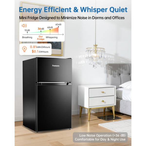Frostorm 3.2 Cu Ft Mini Fridge with Freezer - Energy Efficient, Double Door Upright Freezer for Bedroom, Office & Dorm,restaurants | Small Fridge, Glass Shelves,Interior Light,ETL Certified,etc