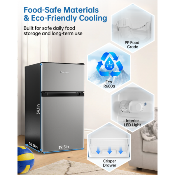Frostorm 3.2 Cu Ft Mini Fridge with Freezer - Energy Efficient, Double Door Upright Freezer for Bedroom, Office & Dorm | Small Fridge, Glass Shelves,Interior Light,ETL Certified,etc(Silver)
