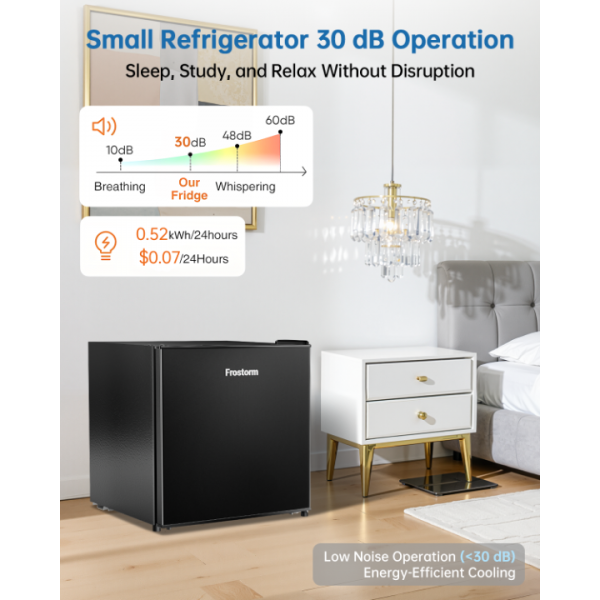 Frostorm 1.6 Cu Ft Mini Fridge with Freezer - 30dB Ultra Quiet Upright Freezer for Bedroom, Dorm & Office | Compact Fridge, Adjustable Thermostat, Reversible Door, ETL Certified