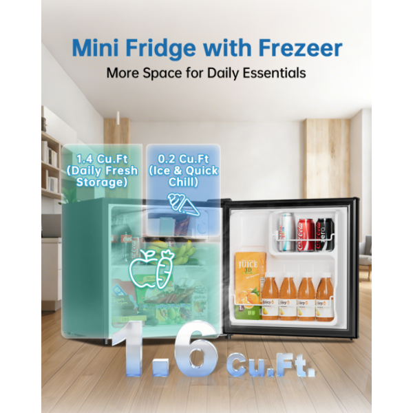Frostorm 1.6 Cu Ft Mini Fridge with Freezer - 30dB Ultra Quiet Upright Freezer for Bedroom, Dorm & Office | Compact Fridge, Adjustable Thermostat, Reversible Door, ETL Certified