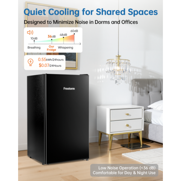 Frostorm 3.2 Cu Ft Mini Fridge with Freezer - Energy Efficient, Large Capacity Single Door Upright Freezer for Bedroom, Office & Dorm | Small Fridge, Reversible Door, ETL Certified(Black)