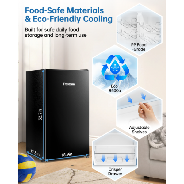 Frostorm 3.2 Cu Ft Mini Fridge with Freezer - Energy Efficient, Large Capacity Single Door Upright Freezer for Bedroom, Office & Dorm | Small Fridge, Reversible Door, ETL Certified(Black)